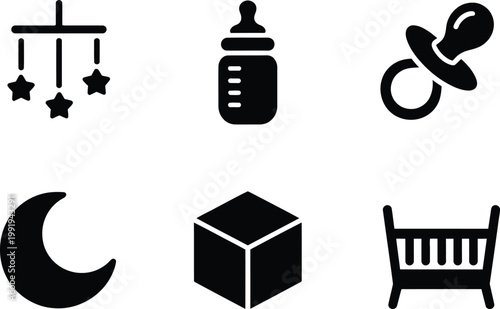Set of six black baby including a mobile, milk bottle, pacifier, moon, cube, and crib
