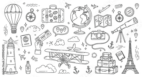 Travel, tourism, adventure icons set, 30+ vector illustrations, black and white line art