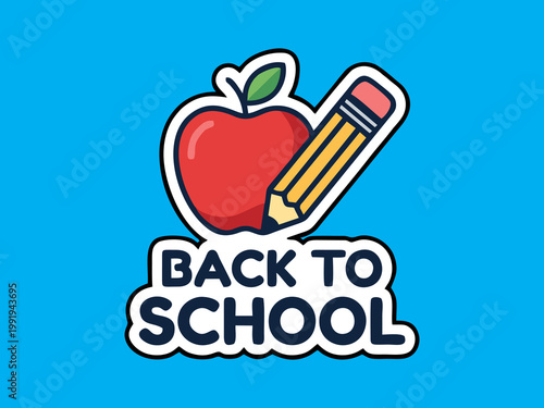 Back to school sticker design with red apple and pencil in flat vector style isolated on blue background
