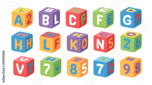Alphabet and Number Toy Blocks Vector Set Colorful Educational Cubes for Kids