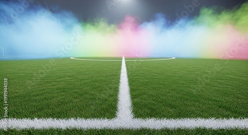 Vibrant soccer field with colorful smoke clouds, ready for a match at midfield
