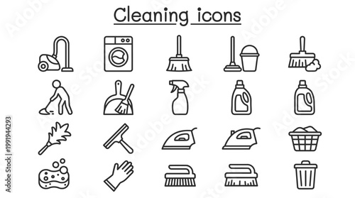 Vector graphic illustration of Cleaning icons set, black and white vector illustrations, household and janitorial services Vector