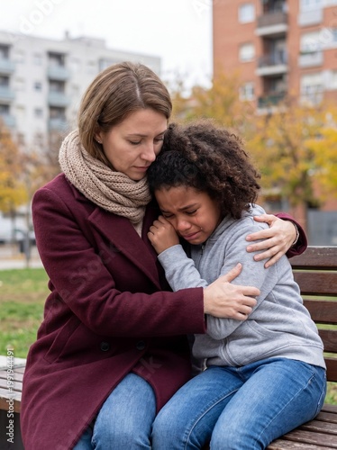 A woman in a burgundy coat hugs a crying girl on a park bench. Emotional support, family care, comforting moment.