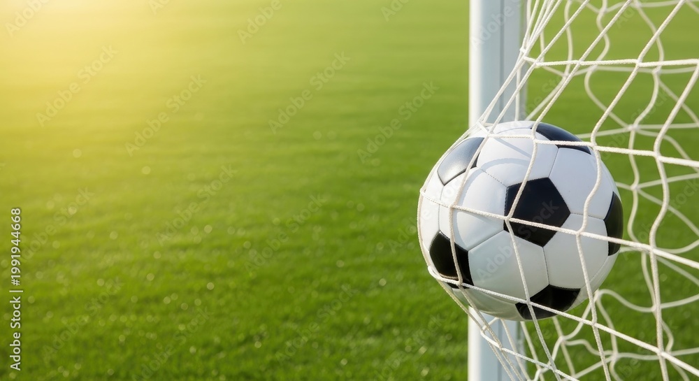 Fototapeta premium Classic soccer ball caught in the net on a green field during a match