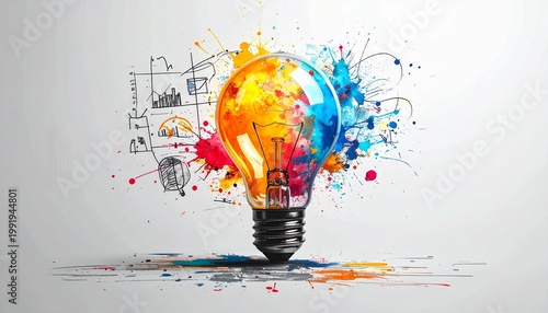 Bright light bulb surrounded by vivid splashes of orange, yellow, blue, and red paint with faint sketches and diagrams in the background, symbolizing creativity, innovation, and imaginative design.