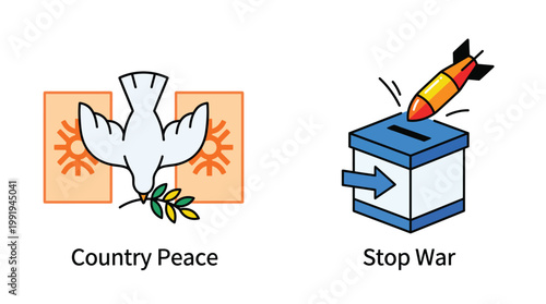 Vector graphic illustration of Peace and Anti-War Vector Icons, Dove with Olive Branch and Stop War Symbol, Peaceful Protest Signs, Vector EPS Vector