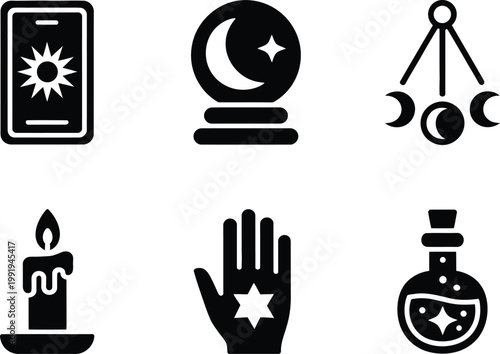 Set of black esoteric featuring tarot card, crystal ball, moon phases, candle, and potion