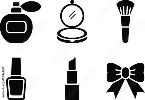 Set of black silhouette featuring perfume, makeup compact, brush, polish, lipstick, bow