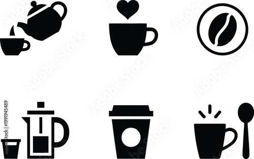 Set of black silhouette representing coffee and tea preparation and service teapot