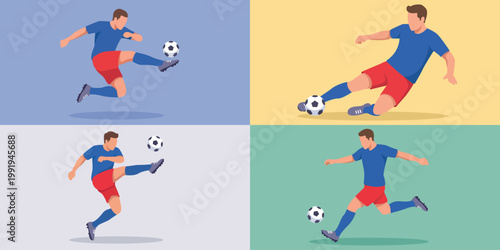 Soccer player action poses set, male football athlete kicking and dribbling ball, dynamic sports vector bundle isolated on colorful backgrounds.