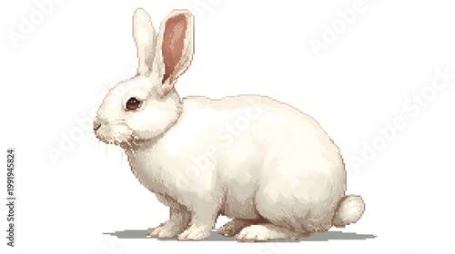 Large White Rabbit Pixel Art Sitting on Isolated White Background