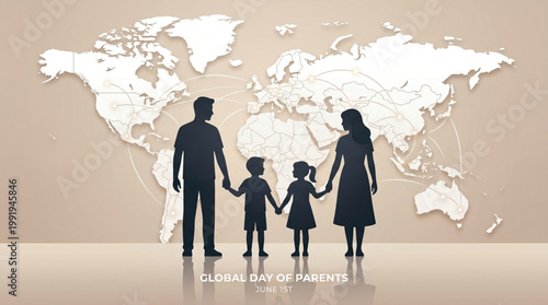 Global parents day unity concept with family silhouette and world map background symbolizing love care connection togetherness illustration design for awareness use vector