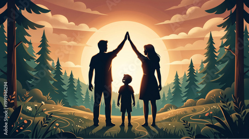 Silhouette family moment during golden sunset in forest showing parents and child connection love protection warm emotional scene for awareness campaign and greeting use vector