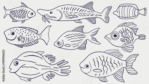 Tropical fishes hand drawn collection