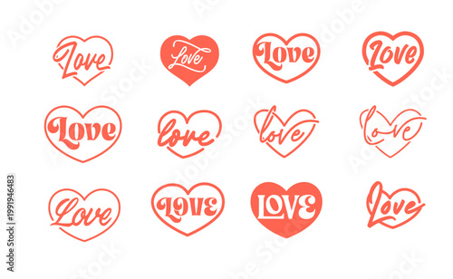 LOVE text inside a heart shape icon, hearts bundle set