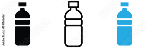 Three minimalist bottle icons in black, White, And blue for design and branding purposes in various formats