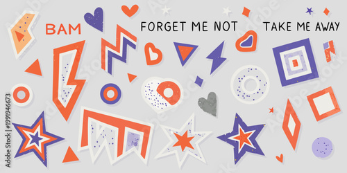 Colorful abstract shapes and text reading forget me not are scattered