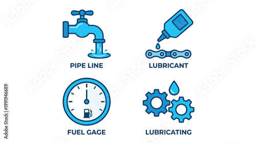 Vector graphic illustration of Blue industrial icons set including pipe line, lubricants, fuel gauge, lubrication, gears and oil drop, for industry, manufacturing and maintenance use cases Vector