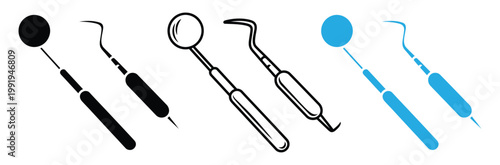 Dental tools icons set including mirror and explorer instruments in black and blue colors for medical and healthcare designs