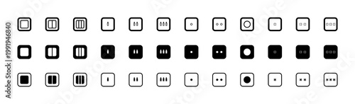 Comprehensive set of universal light switch icons in three styles. Minimalist vector collection of toggle push button and touch controls for home design.