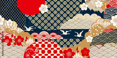 Intricate patchwork of traditional japanese patterns and floral motifs