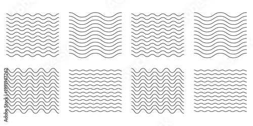 Wavy lines pattern vector element, wave ripple thin line strokes simple zigzag texture set, stream zig zag background backdrop image clip graphic illustration