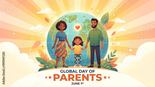 Joyful family standing before glowing earth with sun rays celebrating parents day symbol of global love unity and care for awareness campaign and greeting use vector