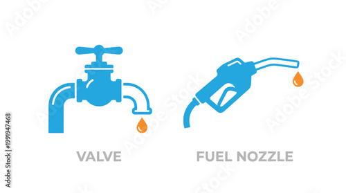 Vector graphic illustration of Fuel nozzle and valve icons, blue, vector, industrial, energy, transportation Vector