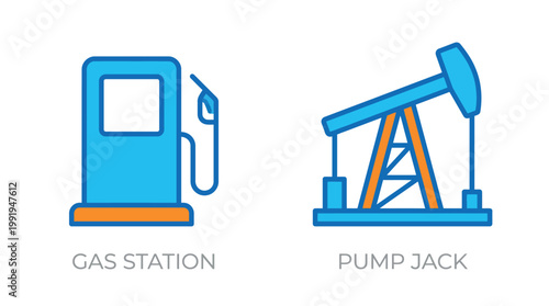 Vector graphic illustration of Oil Industry Icons, Gas Station and Pump Jack, Vector EPS, Blue and Orange, Industrial Symbols Vector