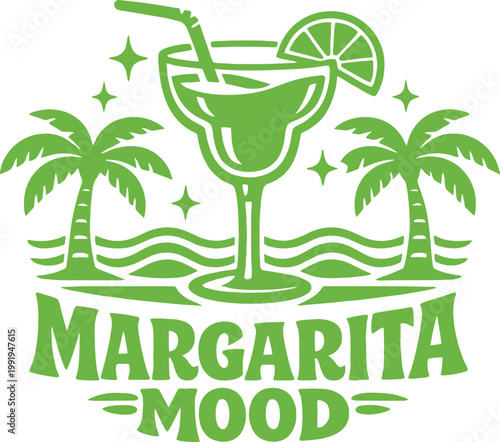 Margarita Mood tropical cocktail vector, summer beach drink illustration, palm trees ocean wave design, lime margarita glass, retro summer typography, vacation party graphic, coastal lifestyle brandin