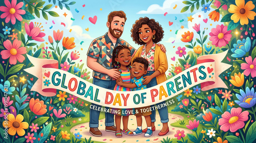 Vibrant family celebration scene with parents and children surrounded by colorful flowers and festive elements expressing joy love and togetherness on parents day greeting artwork vector