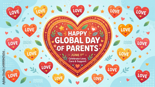 Heart shaped festive design filled with love symbols celebrating global parents day message in colorful decorative style ideal for greeting card social media and branding vector artwork