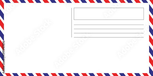 Airmail Envelope frame images with strips. International vintage letter border. Retro air mail postcard with blue and red stripes.  Empty classic postal frame. Vector illustration