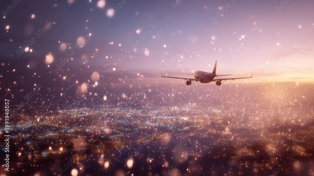 Naklejka premium Airplane flying over city lights at sunset with bokeh glowing particles. Commercial aircraft in night sky during travel. Concept of transportation, journey, adventure and night flight arrival.
