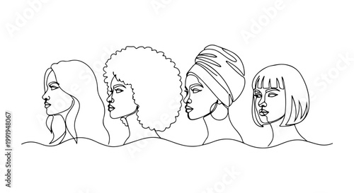 Diverse women's faces in continuous line art, celebrating unity and individuality in a stylish graphic representation