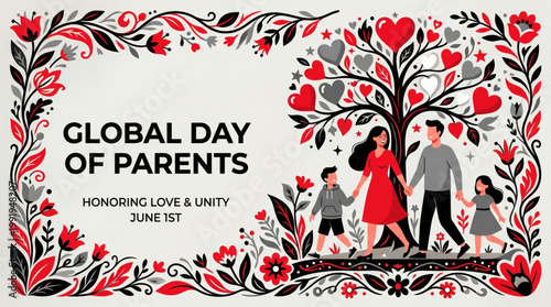 Artistic family scene beneath heart shaped tree with red floral elements celebrating global parents day love unity and togetherness concept for greeting and awareness illustration vector