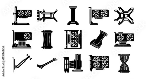 GPU support bracket and video card holder icons, 15 black vector silhouettes of graphics card anti-sag stands, computer hardware accessories set
