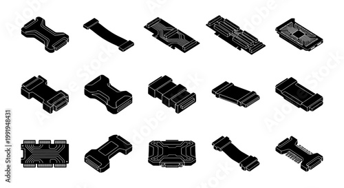 Isometric futuristic tech hardware icons, set of 15 black electronic component vectors, sci-fi computer parts and microchip modules for UI design