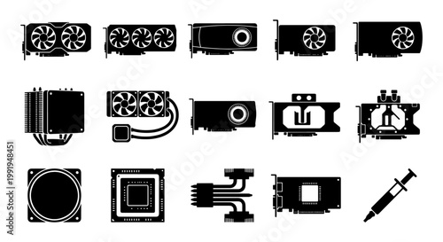 Computer hardware icons set, 15 black silhouette graphics cards and cooling components, PC gaming hardware vector elements for tech repair