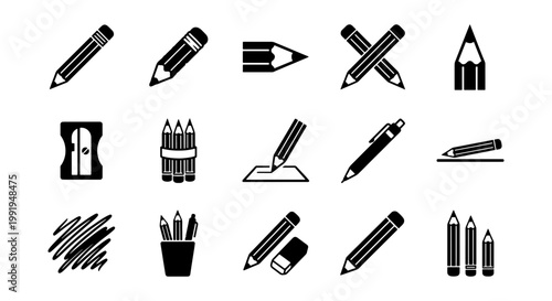 Black pencil icons set, minimalist school stationery vector collection, 15 drawing and writing tools symbols for education and office design