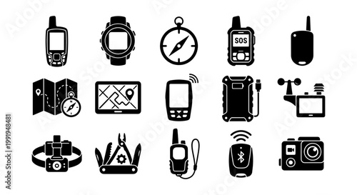 Outdoor adventure navigation icons, 15 black silhouette GPS and survival gear symbols, hiking equipment and travel technology vector set