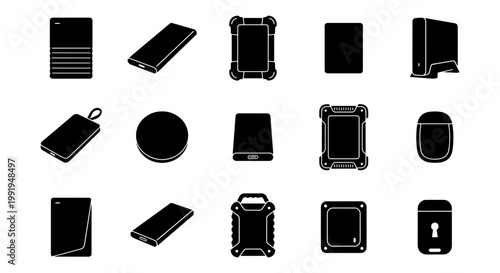External hard drive icon set, 15 black solid vector silhouettes of portable data storage devices, computer hardware and digital memory backup equipment
