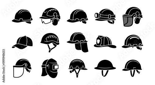 Industrial safety helmet icons set, construction hard hat vector collection, professional protective headwear for mining and welding, 15 black glyph symbols