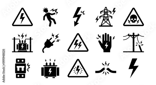 Electrical hazard warning icons set, 15 black high voltage safety symbols, industrial electricity danger signs for workplace security and utility labels