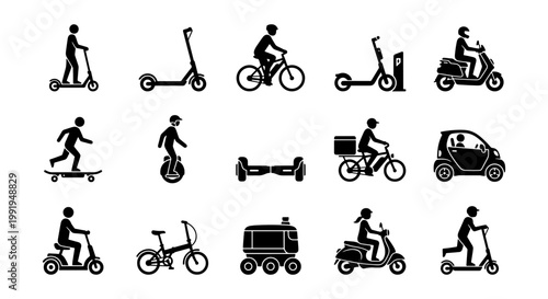 Micro mobility icons set, electric scooter and bicycle silhouettes, personal urban transportation vector elements, eco-friendly city travel symbols