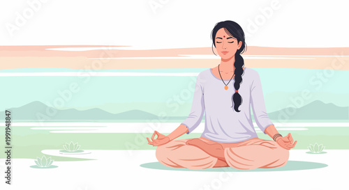 Young Indian woman meditating in lotus pose, finding inner peace and tranquility
