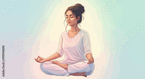 Serene woman meditating in lotus position with eyes closed