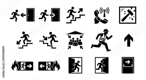 Emergency exit icons set, fire safety evacuation signs and symbols, 15 black vector pictograms for building security and public safety guidance