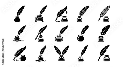 Vintage quill and inkwell icons, 15 black feather pen and ink bottle vector set, antique writing tools collection for calligraphy and literature