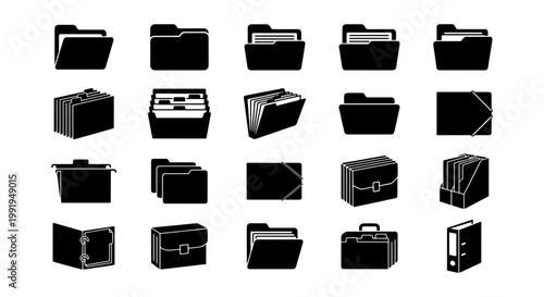 Minimalist folder icon set, 20 black office document folders and file storage vectors, professional business archive and data organization symbols